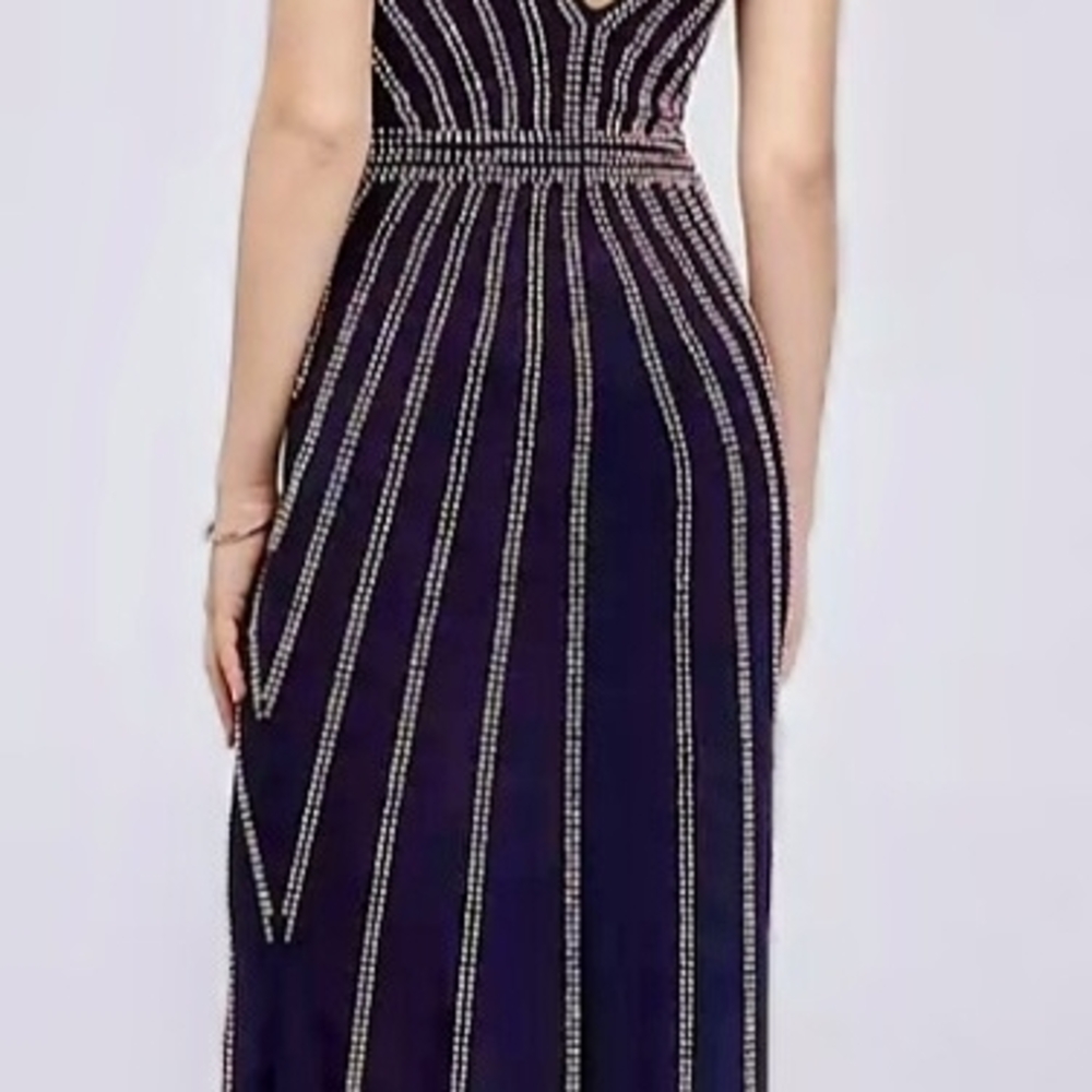 Escape Brand Elegant Backless Navy Dress with Silver Accents